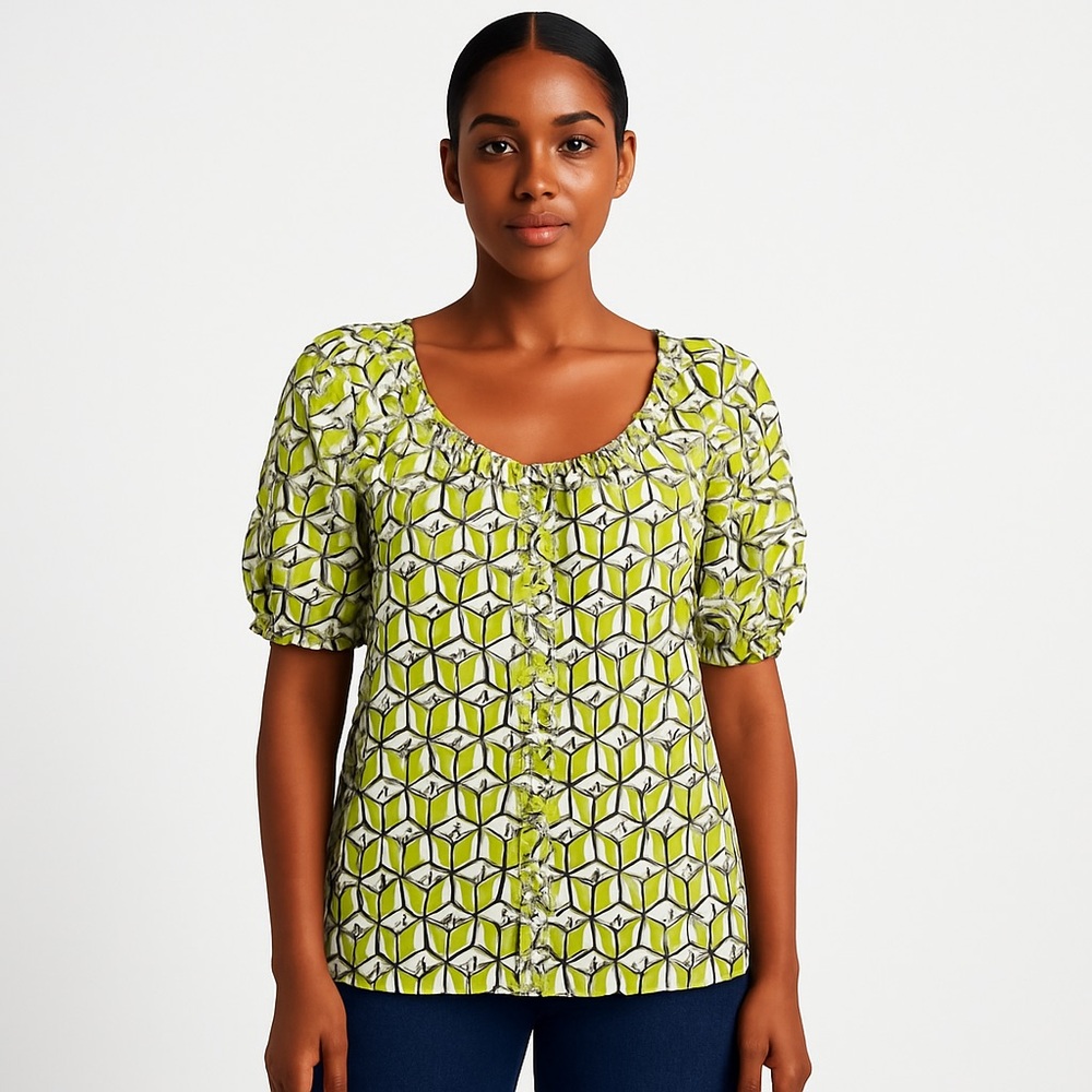 Cynthia Rowley Lime Geometric Print Puff Sleeve Blouse Top M
